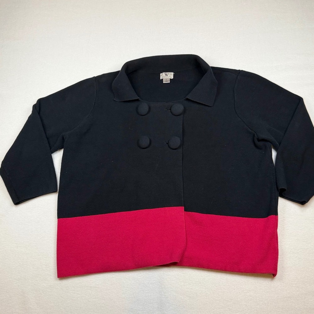 Worthington Womens L Black Pink Colorblock Cotton Knit Button Cardigan Jacket